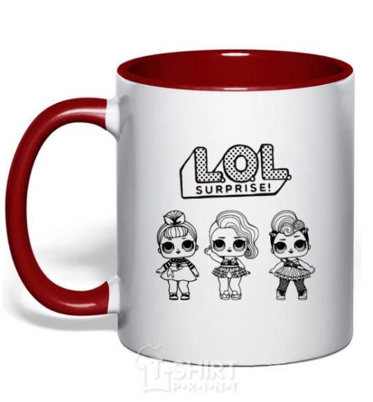 Mug with a colored handle Lol three dolls in skirts red фото