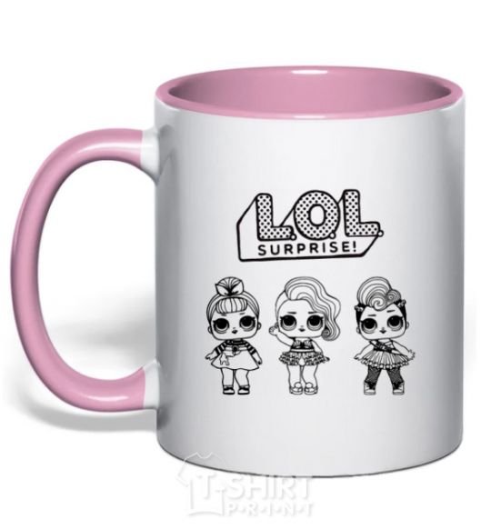 Mug with a colored handle Lol three dolls in skirts light-pink фото