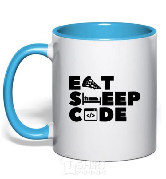 Mug with a colored handle Eat sleep code sky-blue фото