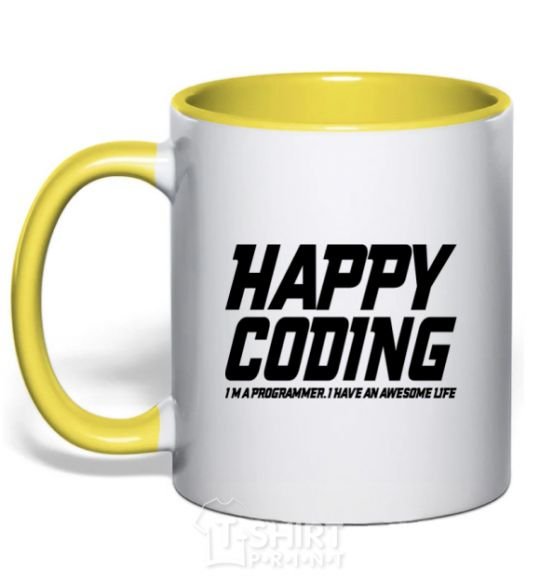Mug with a colored handle Happy coding yellow фото