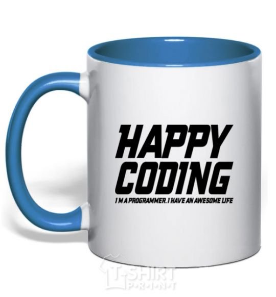 Mug with a colored handle Happy coding royal-blue фото