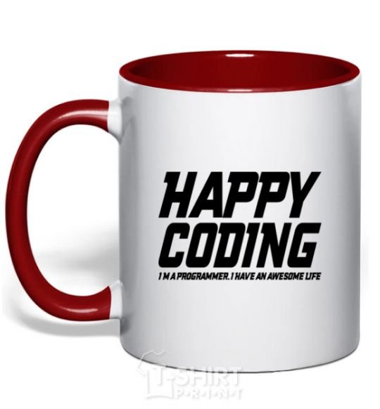 Mug with a colored handle Happy coding red фото