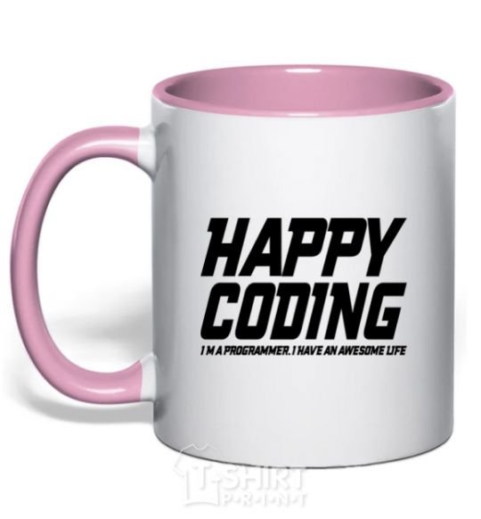 Mug with a colored handle Happy coding light-pink фото