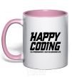 Mug with a colored handle Happy coding light-pink фото