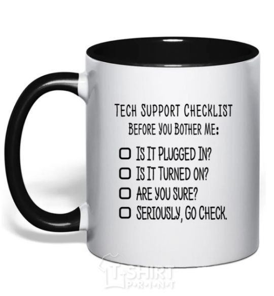 Mug with a colored handle Tech support checklist black фото