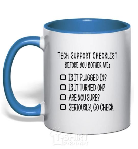 Mug with a colored handle Tech support checklist royal-blue фото