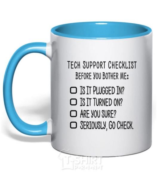 Mug with a colored handle Tech support checklist sky-blue фото