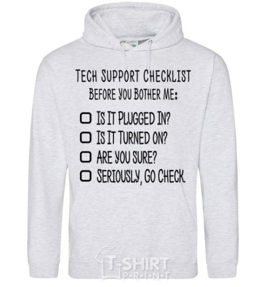 Мужская толстовка (худи) Tech support checklist Серый меланж фото