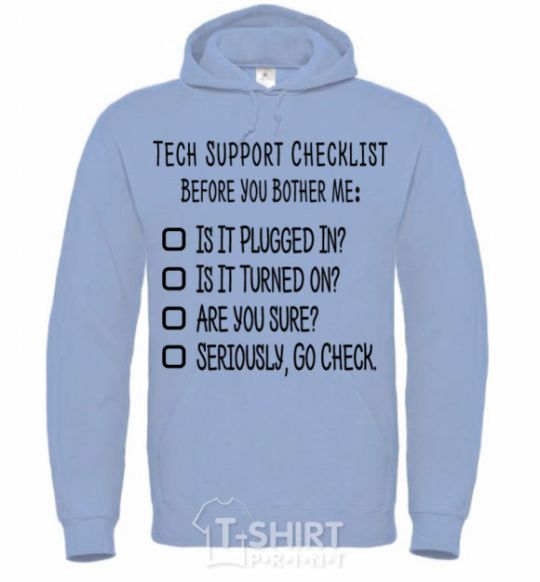 Men`s hoodie Tech support checklist sky-blue фото