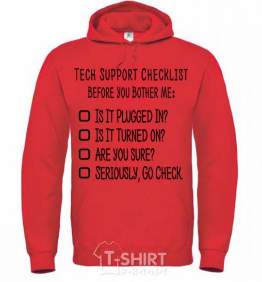 Мужская толстовка (худи) Tech support checklist Ярко-красный фото