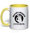 Mug with a colored handle World's okayest coder yellow фото