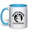 Mug with a colored handle World's okayest coder sky-blue фото