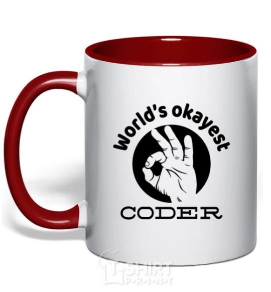 Mug with a colored handle World's okayest coder red фото