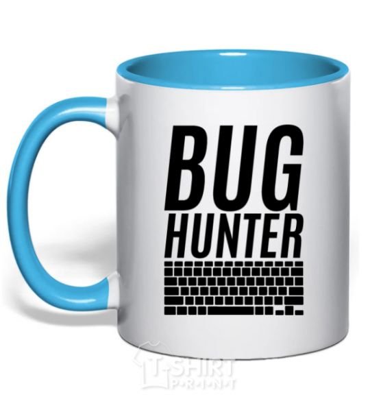 Mug with a colored handle Bug hanter sky-blue фото