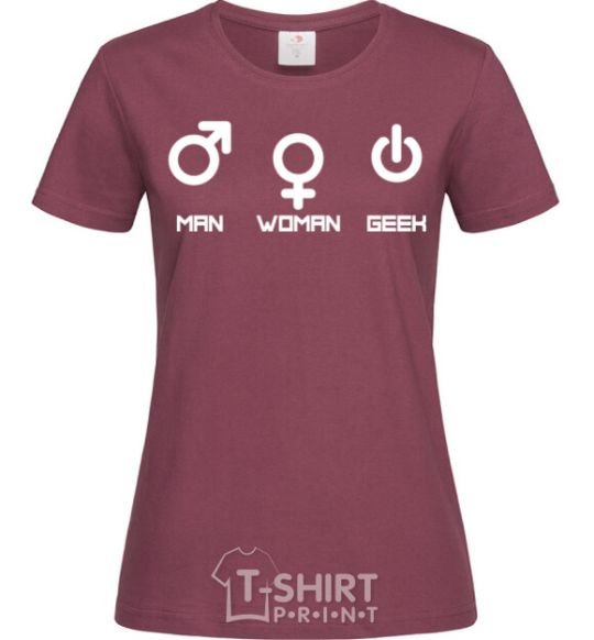 Women's T-shirt Man woman geek burgundy фото