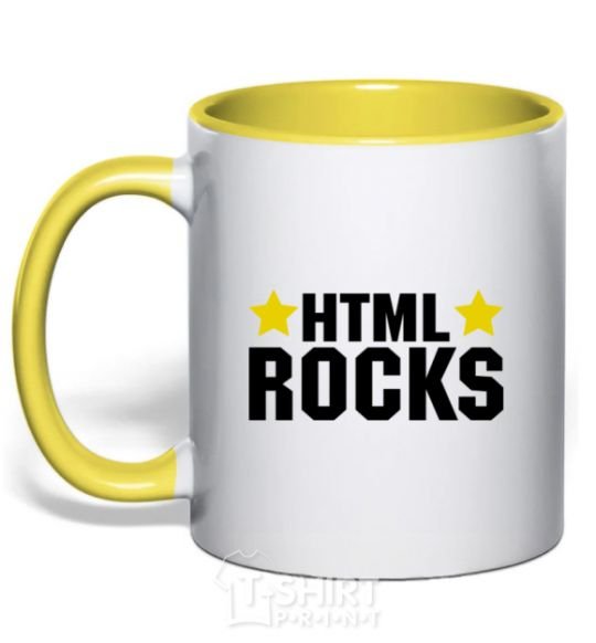 Mug with a colored handle HTML Rocks yellow фото