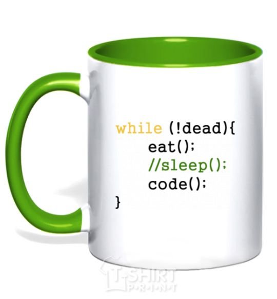 Mug with a colored handle While dead eat sleep code kelly-green фото