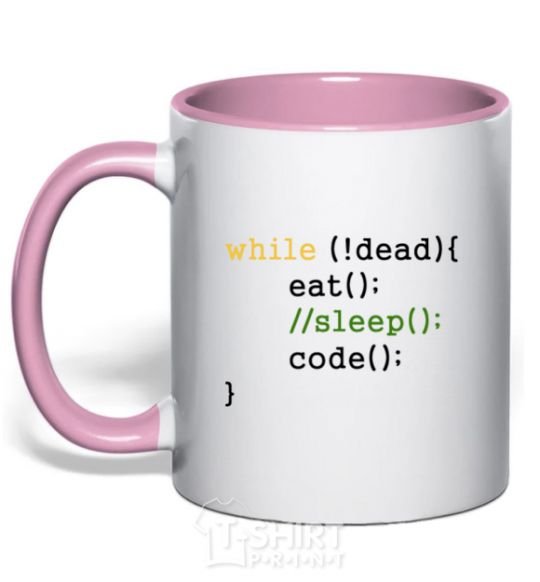 Mug with a colored handle While dead eat sleep code light-pink фото