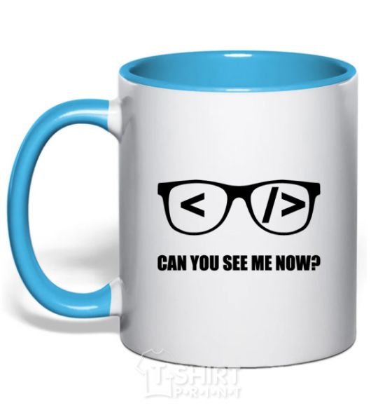 Mug with a colored handle Can you see me now sky-blue фото