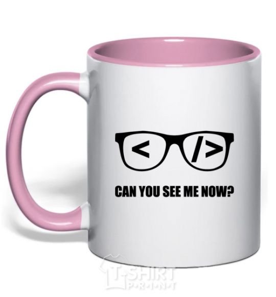 Mug with a colored handle Can you see me now light-pink фото