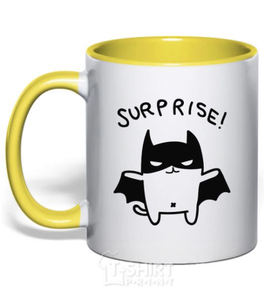 Mug with a colored handle Bat cat yellow фото