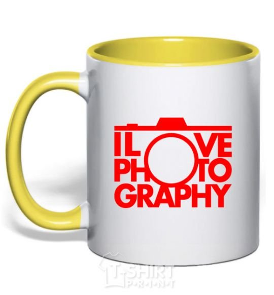 Mug with a colored handle I love photography yellow фото