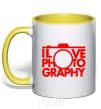 Mug with a colored handle I love photography yellow фото