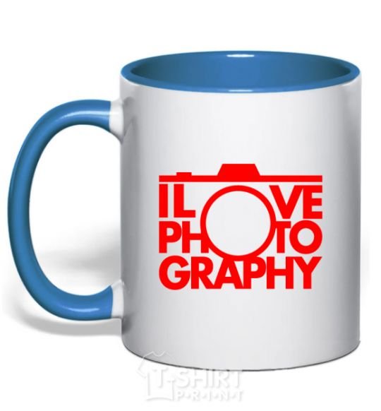 Mug with a colored handle I love photography royal-blue фото