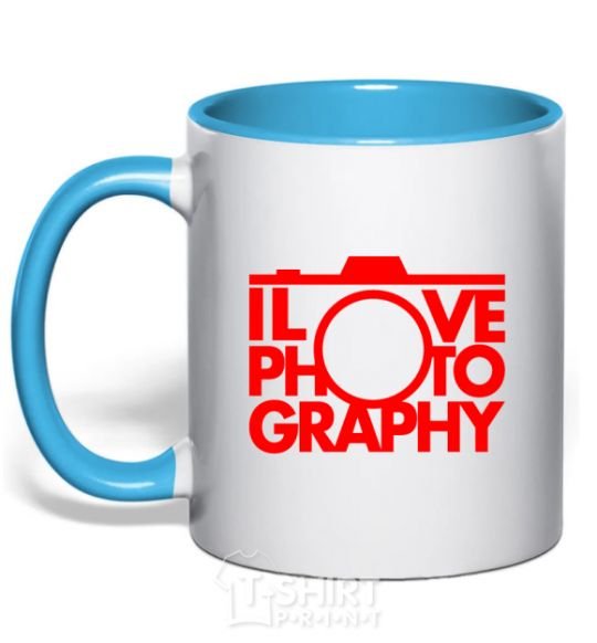 Mug with a colored handle I love photography sky-blue фото