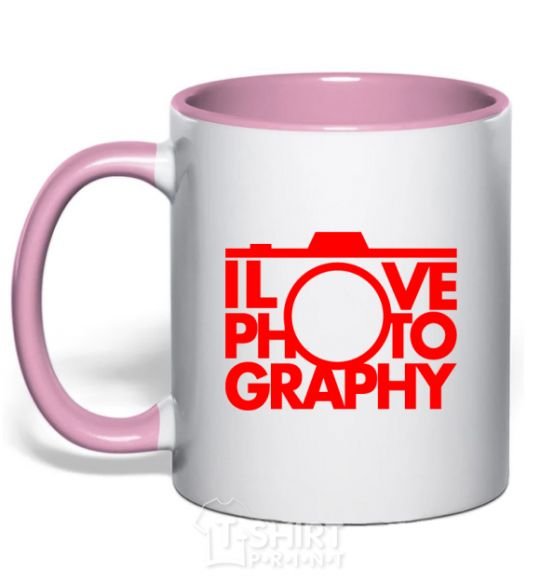 Mug with a colored handle I love photography light-pink фото