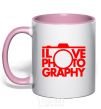 Mug with a colored handle I love photography light-pink фото