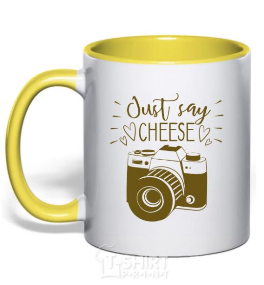 Mug with a colored handle Just say cheese yellow фото