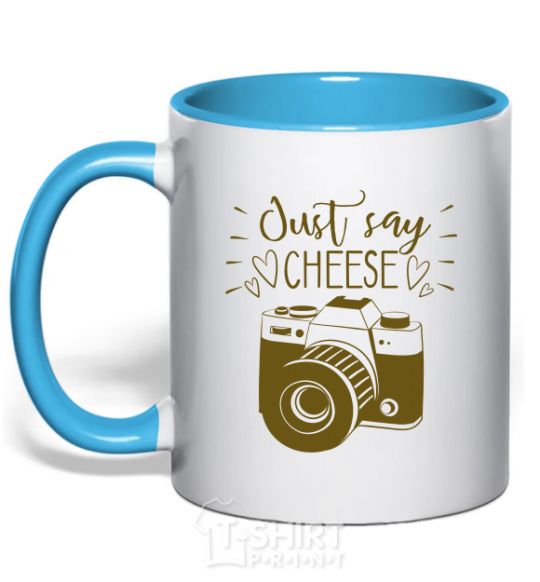 Mug with a colored handle Just say cheese sky-blue фото