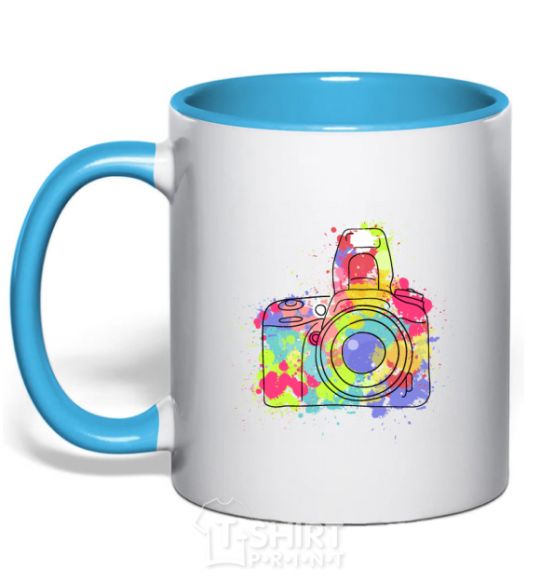 Mug with a colored handle Сamera sky-blue фото