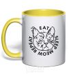 Mug with a colored handle Eat sleep meow repeat yellow фото