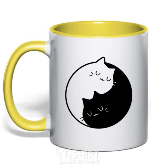 Mug with a colored handle Cat black and white yellow фото