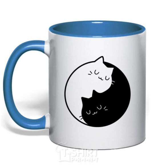 Mug with a colored handle Cat black and white royal-blue фото