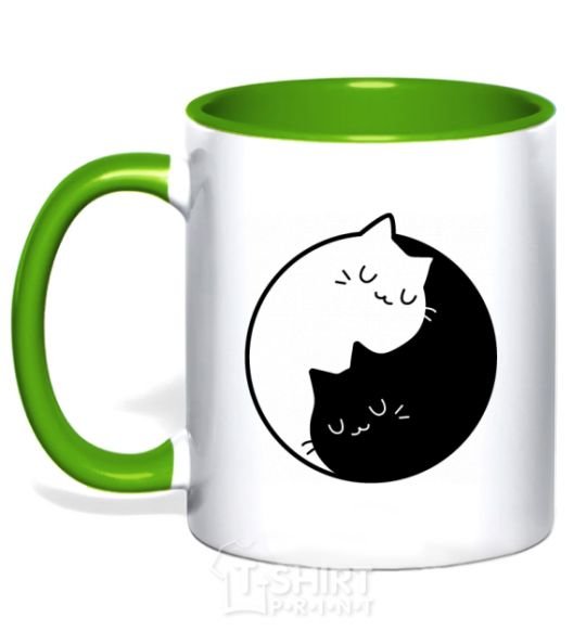 Mug with a colored handle Cat black and white kelly-green фото