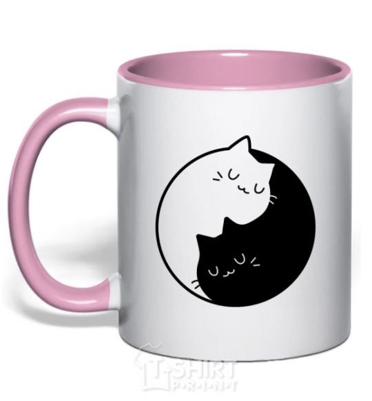 Mug with a colored handle Cat black and white light-pink фото