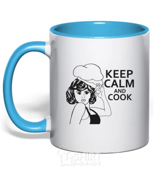 Mug with a colored handle Keep calm and cook sky-blue фото
