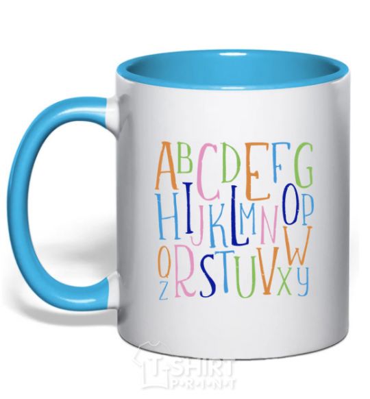 Mug with a colored handle English alphabet sky-blue фото