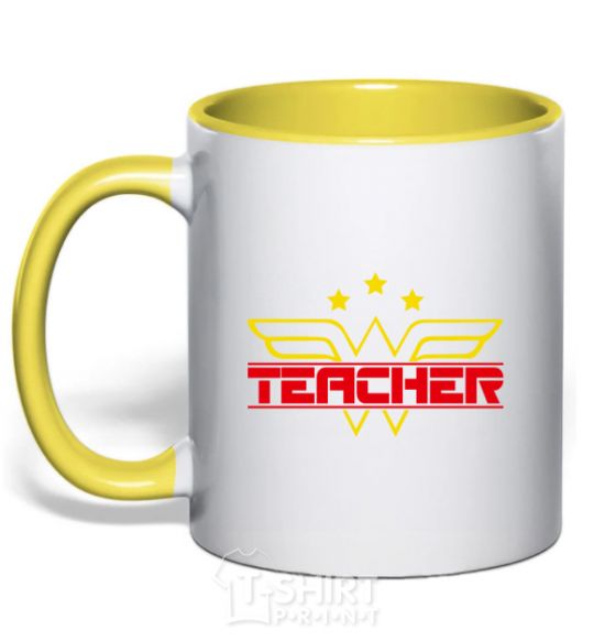 Mug with a colored handle Wonder teacher yellow фото