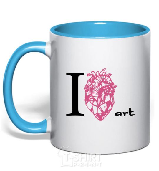 Mug with a colored handle I love art sky-blue фото