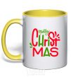 Mug with a colored handle Merry Christmas text yellow фото