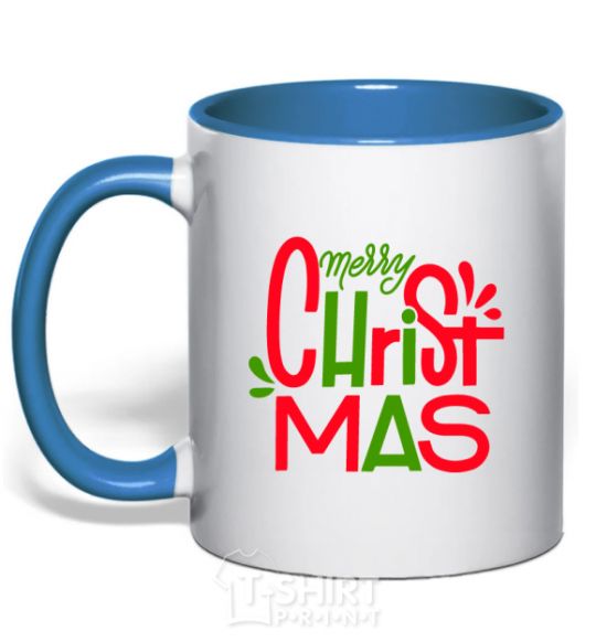 Mug with a colored handle Merry Christmas text royal-blue фото