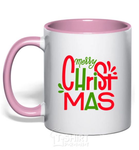 Mug with a colored handle Merry Christmas text light-pink фото