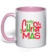 Mug with a colored handle Merry Christmas text light-pink фото