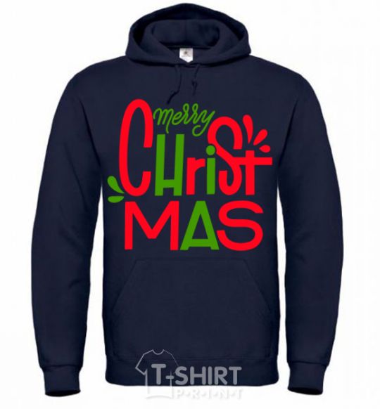 Men`s hoodie Merry Christmas text navy-blue фото