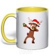 Mug with a colored handle Dabbing Christmas deer yellow фото