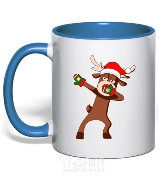 Mug with a colored handle Dabbing Christmas deer royal-blue фото
